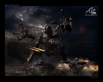battle robot, firing, robot, tanks, explosions, building HD wallpaper