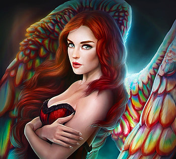 Angel, wings, omrikoresh, fantasy, art, girl, luminos, redhead, omri koresh HD wallpaper