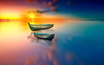 boats floating on a glass sea at sunset r, sea, boats, colors, glass, r, sunset HD wallpaper