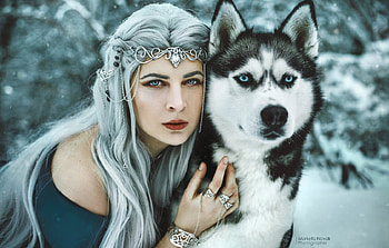 Princess and her guardian, face, girl, caine, winter, dog, model, woman, jewel, marketa novak, iarna, husky, princess HD wallpaper