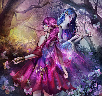 Elf girls, blue, pink, fantasy, couple, girl, elf HD wallpaper