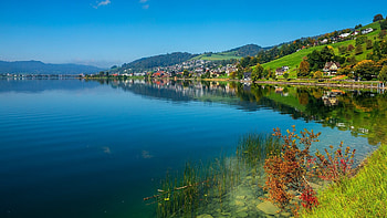 Serenity, bloue, Switzerland, graphy, green, landscape, nature, lake HD wallpaper