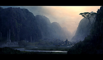 Ancient Temple, night, river, temple, mountain HD wallpaper
