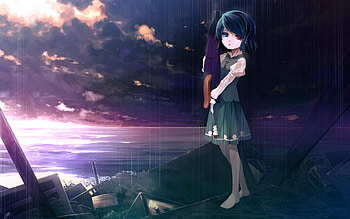 Anime, Sky, Rain, Sea, Sadness, Girl HD wallpaper