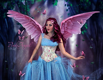 Pink angel, blue, wings, estherpucheart, girl, angel, pink, feather, butterfly, fantasy, luminos HD wallpaper