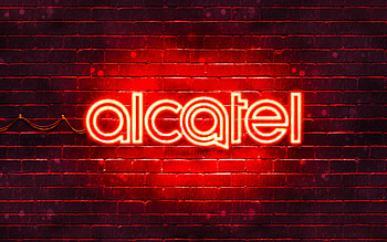 Alcatel red logo, , red brickwall, Alcatel logo, brands, Alcatel neon logo, Alcatel HD wallpaper
