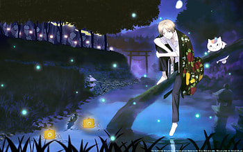 Natsume Yuujinchou, night, natsume, cat, fireflies, tree HD wallpaper