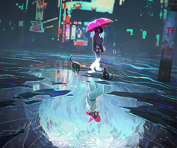 Witch’s Reflection: A Fantasy Journey in Neon Rain, reflection, fantasy, witch HD wallpaper