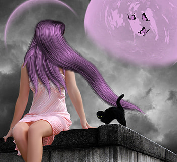 ✫When the Moon is Pink✫, emotional, cute, colors, digital art, butterflies, planet, moon, on the roof, animals, female, model, flying, cat, beautiful, pink, fantasy, pretty, manipulation, cool, girls, women, lovely, hair HD wallpaper