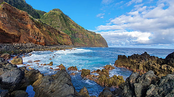 Porto Moniz, Madeira, Portugal, sky, atlantic, island, sea, clouds, rocks HD wallpaper