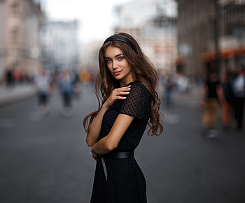 Black dress, pretty, long hair, woman model HD wallpaper