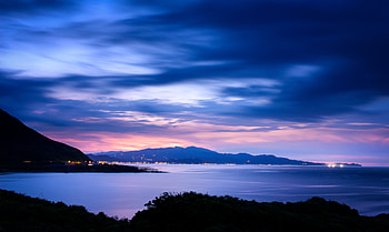 Nature, Sunset, Mountains, Sea, Horizon, City Lights HD wallpaper