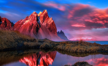 gorgeous red sunset, sea, reflection, red, pool, grass, sunset, mountain HD wallpaper