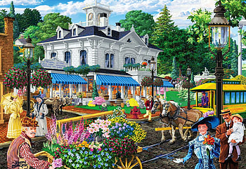 Victorian Spring, wagon, horses, painting, house, trees, flowers, people, village HD wallpaper