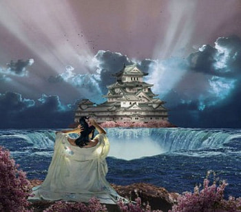 Fantasy Temple, sea, clouds, waterfall, building, woman HD wallpaper