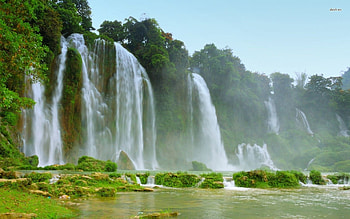 tall waterfalls, waterfall, grass, cliff, tree HD wallpaper
