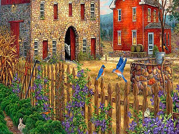 Farmhouse, barn, color, bird, house, farm, peaceful, beautiful, animals, fence, splendor HD wallpaper
