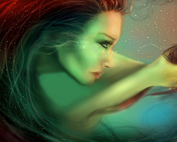 Mermaid, blue, sea, girl, woman, fantasy, green, underwater, redhead, ocean HD wallpaper