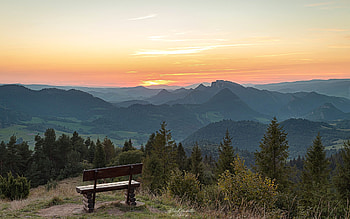 Pieniny Mountains, Poland, bench, Poland, mountains, sunset HD wallpaper