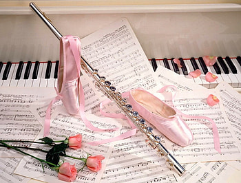 The stage awaits, pink, flute, music, piano, roses, slippers, ballet HD wallpaper