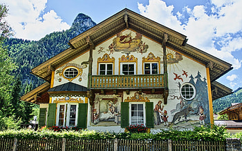 House with Painting, balcony, painting, fence, house, mountain HD wallpaper