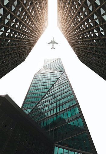 Sky, Building, Miscellanea, Miscellaneous, Skyscrapers, Plane, Airplane HD phone wallpaper