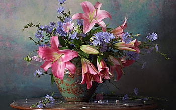 Still life, flower, blue, pink, bouquet, andrei morozov, lily HD wallpaper