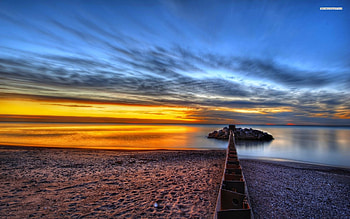 Little Rock Island at Dusk, island, clouds, pier, nature, dusk, rock HD wallpaper