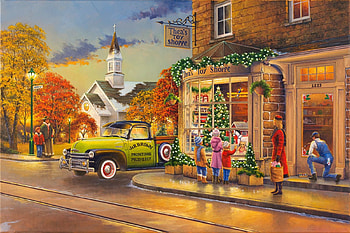 Thea's Toy Shoppe, town, house, car, artwork, painting, street HD wallpaper