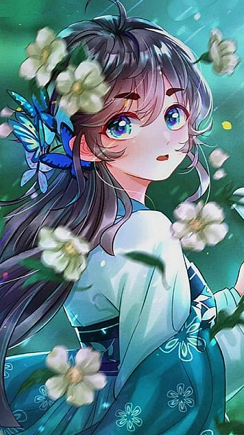 Anime girl, art, flowers, green, butterflies HD phone wallpaper