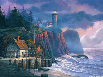 Harbor Light Hideaway, boat, sand, house, pier, light house, beach, net, waves, clouds, trees, cliff, water HD wallpaper