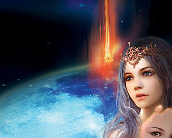 Dreams of a dying world, crown, earth, mask, flaming meteor, female HD wallpaper