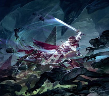 Fighting A Demon Horde, knight, magic sword, demons, woman HD wallpaper