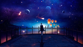 Outdoor, fantasy, anime girl, woman, space, planets HD wallpaper