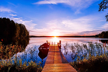 Sunset pier, boats, pier, beautiful, sky, sunset, wooden, fishing, lake, summer, reflection, Finland HD wallpaper