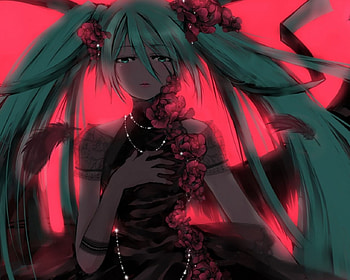 Hatsune Miku, blue hair, gloves, vocaloid, dress, dark, nice, sad, rose HD wallpaper
