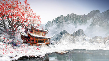 Fantasy Landscape Winter Sakura Blossom HD wallpaper