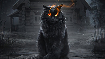Black cat with fire eyes, Fantasy allure, Mystical creature, Captivating gaze HD wallpaper