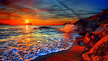 Santorini Coast, Greece, sea, island, clouds, colors, mediterranean, sky, sun, sunset HD wallpaper