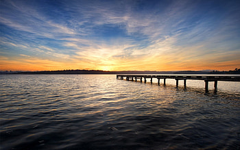 Sunrise, pier, sea, sky HD wallpaper