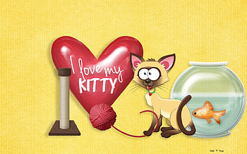 I Love My Kitty, blue, siamese, kitty, cute, cat, orange, pink, abstract, love, red, fish, heart, water, yarn, fish bowl HD wallpaper