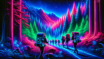 Backpacking Adventure in Neon Wilderness, backpacking, hiking, forest, mountain HD wallpaper