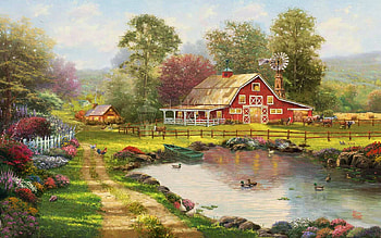 Red Barn Retreat, countryside, pond, artwork, painting, trees, landscape HD wallpaper
