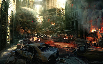 Apocalipse, city, drawing, smoke, houses, fire, war HD wallpaper