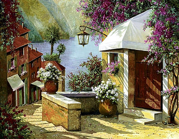 Lakeside Village, artwork, painting, path, flowers, houses, mountains HD wallpaper