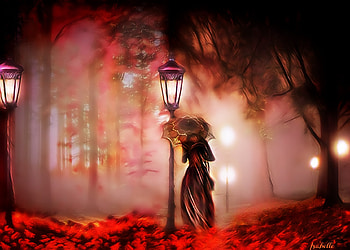 Midnight Stroll , Fog, Season, Trees, Umbrella, Woman, Autumn, leaves, Lady, Woods, Lights, Midnight Stroll HD wallpaper
