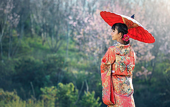 :), asian, red, kimono, model, parasol, girl, woman HD wallpaper