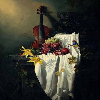 still life, pomegranate, grape, violin, lily HD wallpaper