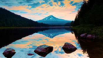 Trillium Lake, Oregon, clouds, sky, rocks, mountains, reflections, sunset, usa HD wallpaper