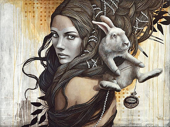 Alice, art, fantasy, sophie wilkins, face, girl, rabbit, bunny, painting, pictura HD wallpaper